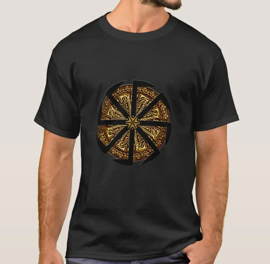 Strength, Dignity, Sun and Fire. Slavic Sun Wheel Kolovrat Symbol T-Shirt 100% Cotton O-Neck Short Sleeve Casual Mens T-shirt