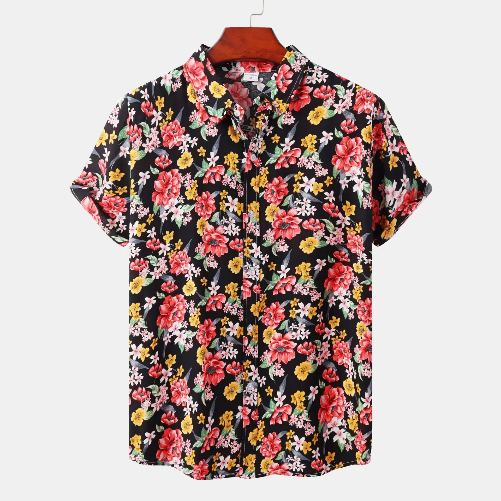 Camisa havaiana de manga curta masculina, camisa aloha praia estampa floral, preta e rosa, roupa de festa casual, verão, 2022