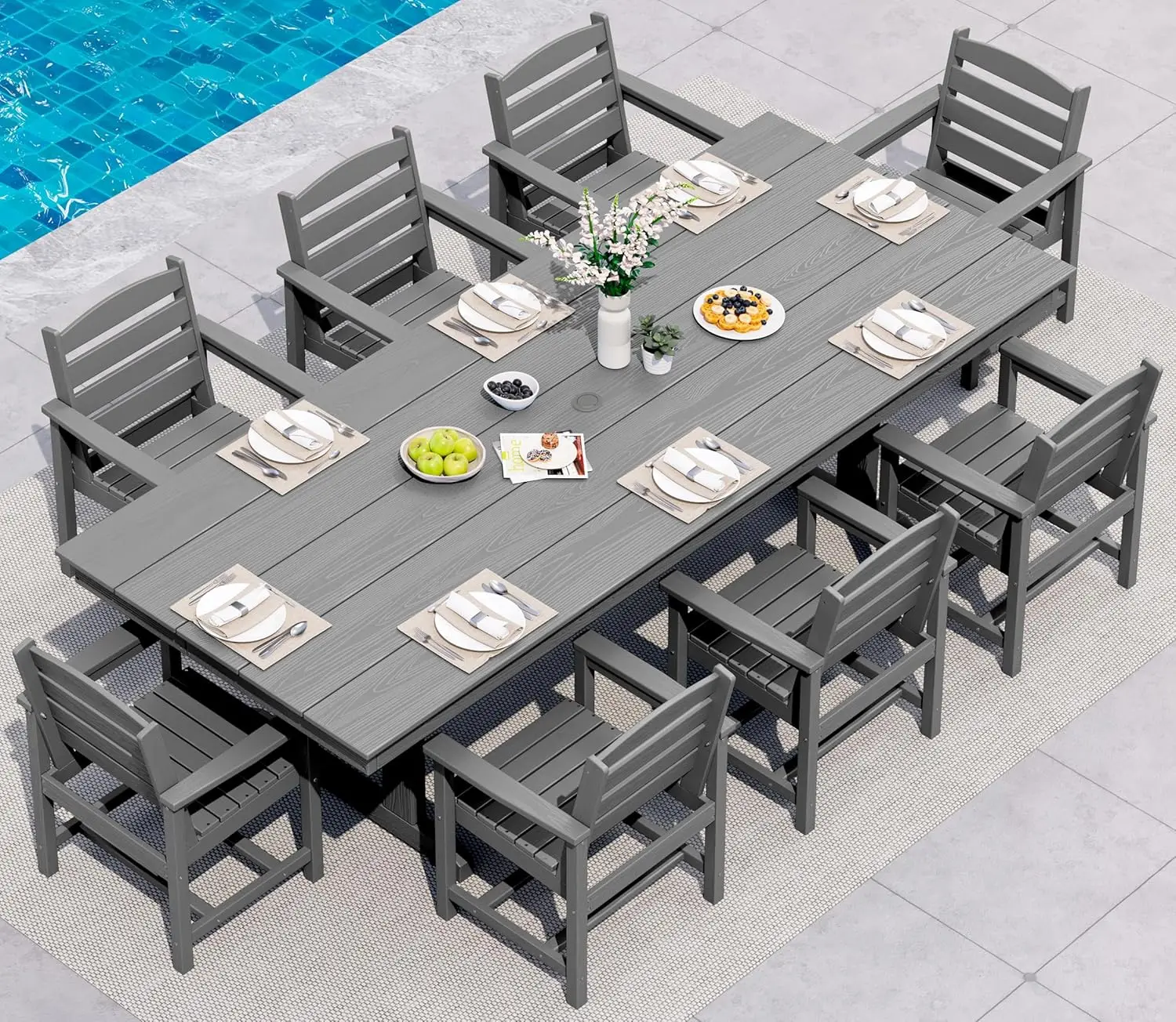 

9 Piece Outdoor Dining Set 84" HDPE Table & Chairs for 8 All Weather Patio Furniture with Umbrella Hole Backyard Garden, Custom