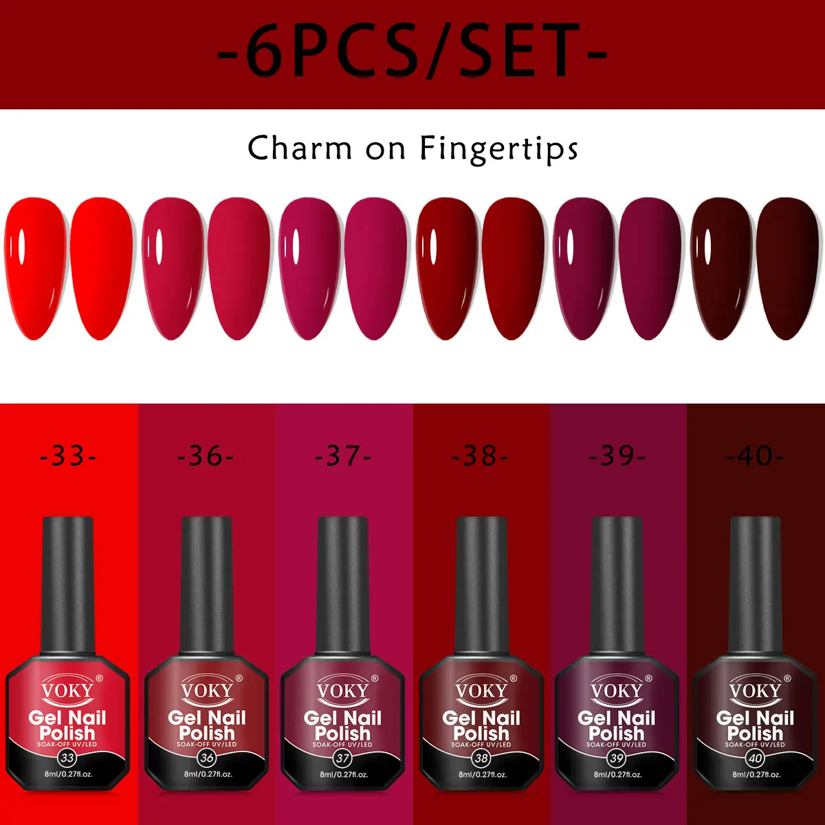 8ml 6-piece gel nail polish set, classic colors, smooth application, shiny effect, no fragrance