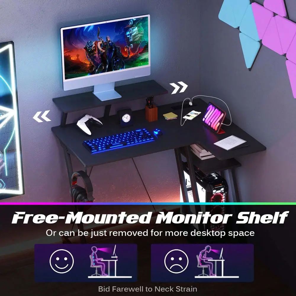 L Shaped Gaming Desk With Outlets USB Ports Monitor Shelf Headphone Hook Black White Pink