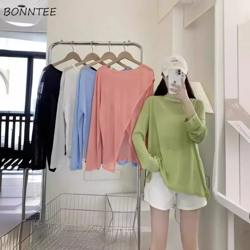 Solid Long Sleeve T-shirts Women Front-slit O-neck Ins Dopamine Loose Fashion All-match Ice Silk Sun Proof Thin Breathable Slim