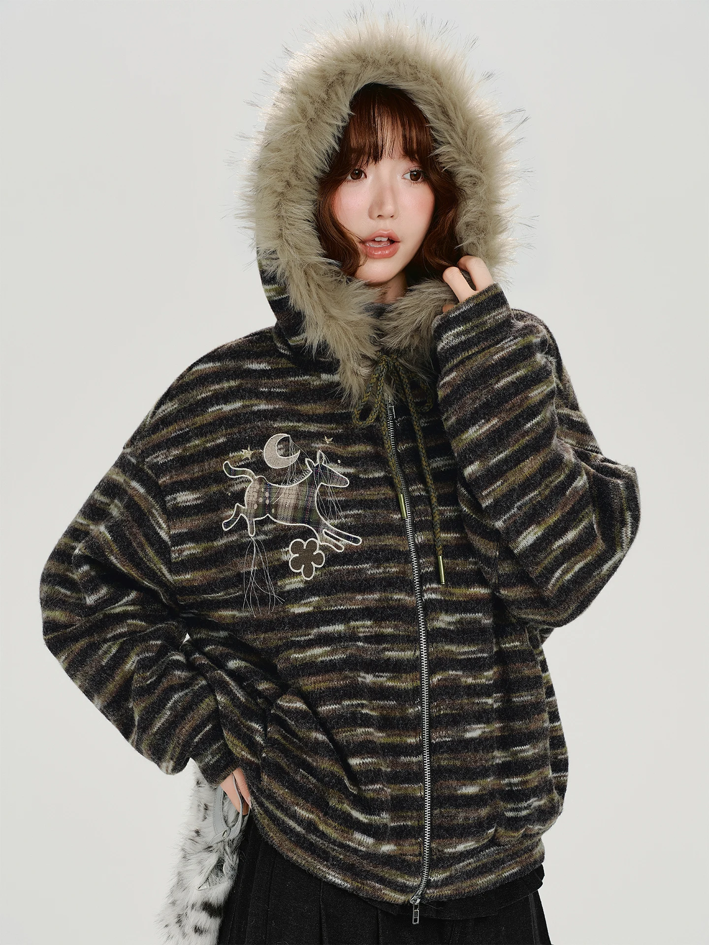 

Girly American Retro Embroidered Fur Collar Hooded Striped Jaet Women's Autumn Winter Loose Casual Top Ladies Coat