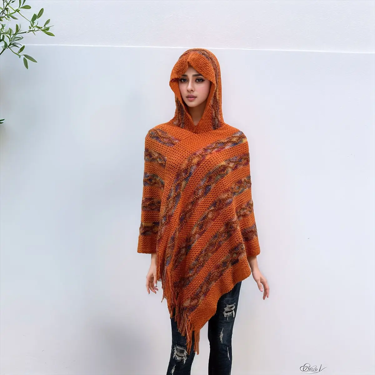 

Poncho New Colorful Striped Loose Hooded Jacquard Tassel Capelet Women's Cloak Warm Outerwear Hooded sleeveless Cape P2