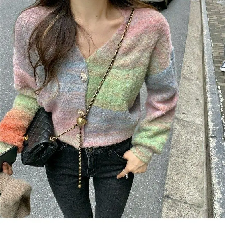 Korejpaa Tie Dye Gradient Striped Knitted Sweater Cardigans Streetwear Women V Neck Long Sleeve Top Jacket 2024 Autumn Clothes