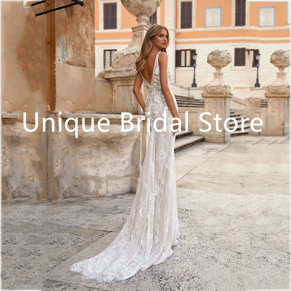 UETEEY Sexy Meamaid Wedding Dresses Lace Appliques Backles With Detachabl Train Sleeveless Bride Dress 2022 V-Neck Bridal Gowns