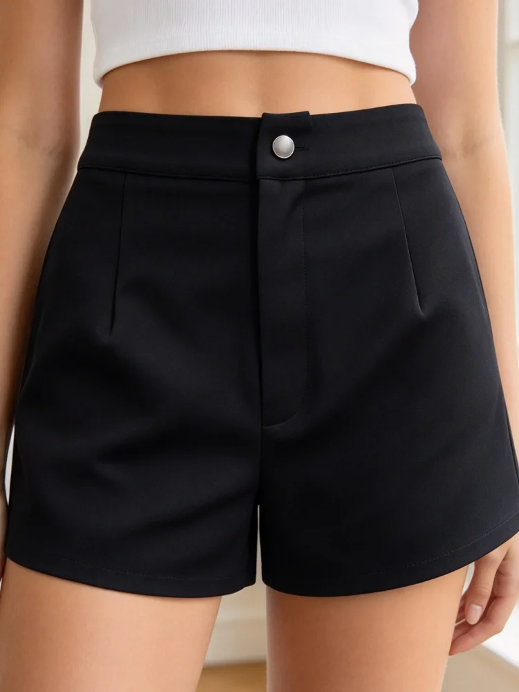 Damen-Kurzrock, hoch geschnitten, A-Linie, Büroshorts, schwarz, einfarbig, mit Gesäßtasche, elegant, Business-Casual, Basic-Shorts – Detail 3