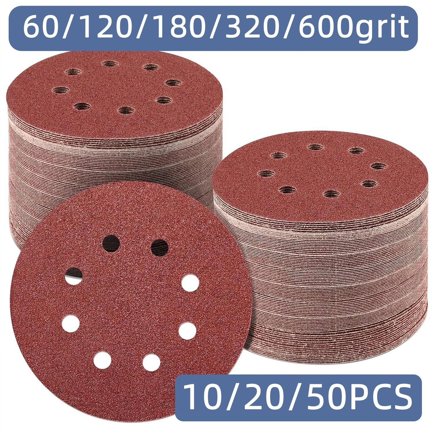 10/20/50PCS 8 Hole 125mm Sanding Discs 60/120/180/320/600 Grit Sandpaper for Metal Wood Glass Sander Polishing Pad Abrasive Tool