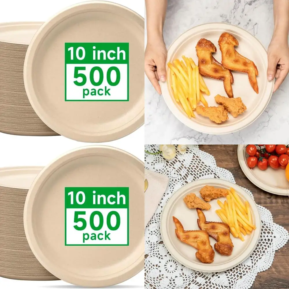 

10 Biodegradable Paper Plates (500 Count), Eco-Friendly Sugarcane Fiber, Unbleached Brown, Round