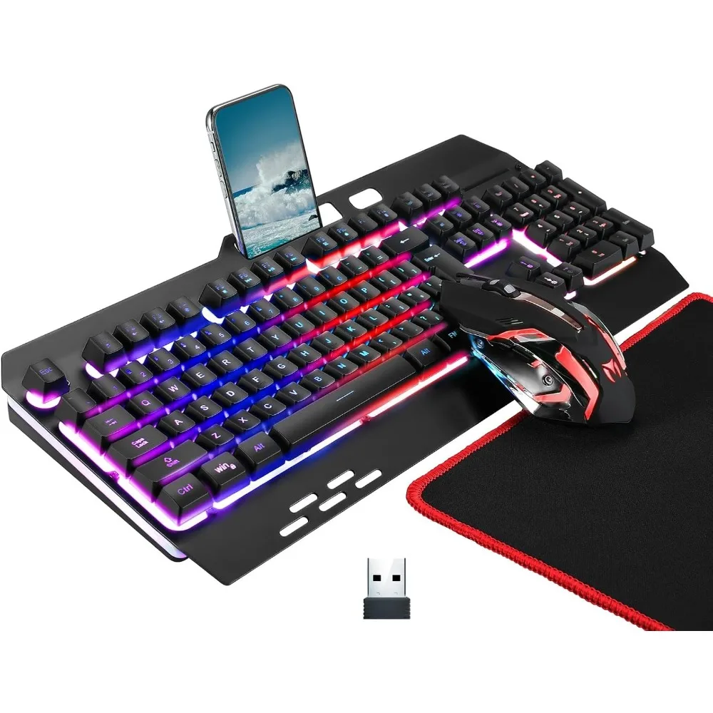 Rechargeable RGB Backlit Keyboard with Metal Panel Mechanical Feel, 7-Color Gaming Mouse and Mouse Pad for Gaming and Work