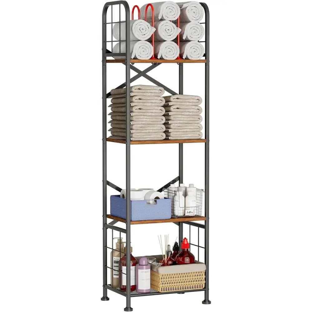 

4-Tier Standing Towel Rack with M-Shaped Dividers, Wooden Towel Organizer for Bathroom and Pool, Black and Rustic