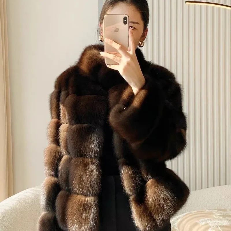 

Зимняя женская шуба из искусственного меха под норку 2026 года, вельветовая, с горизонтальным рисунком, меховая куртка с воротником-стойкой, распродажа