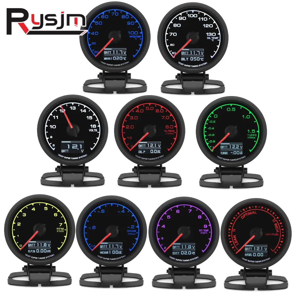 62mm Universal Car Gauges 7 Colors LED Turbo Boost Gauge RPM Oil Press Water/Oil/EXT. Temp Volt Vacuum Ail/Fuel Car With Sensors