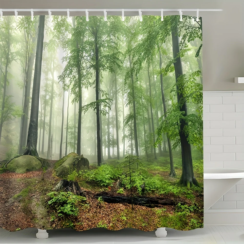 

Enhance Your Bathroom with this Waterproof Shower Curtain Featuring a Mystical Forest Scene for a Calming Ambiance
