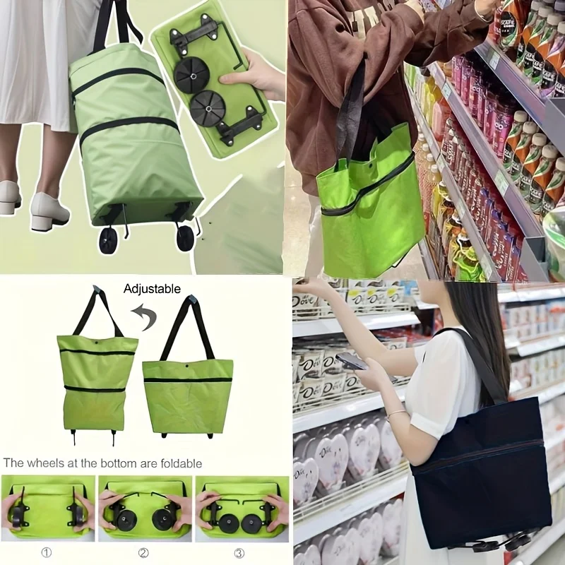 2-in-1 Lightweight Foldable Shopping Cart, Foldable Trolley with Wheels, Reusable Grocery Bag