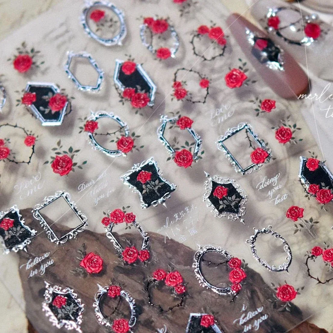 Pink Rose Flowers Butterfly Bowknot Rhinestones Pearl Ribbon Retro Photo Frame Geometric Charm Nail Art Stickers Manicure Decals