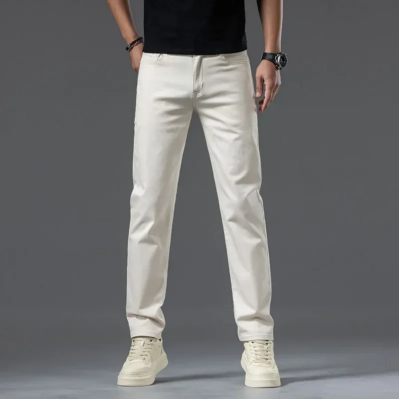 Spring Summer Thin 98% Cotton Men\'s Jeans Solid Color Classic Stretch Straight Denim Pants Versatile Fashion Casual Trousers