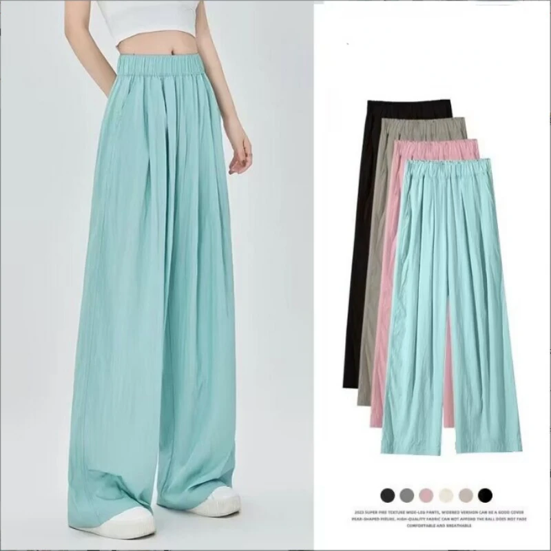 

Summer Wide-legged Pants Women High Waist Baggy Straight Pants Y2k Thin Streetwear Pleated Harajuku Trouser Pocket Solid Color