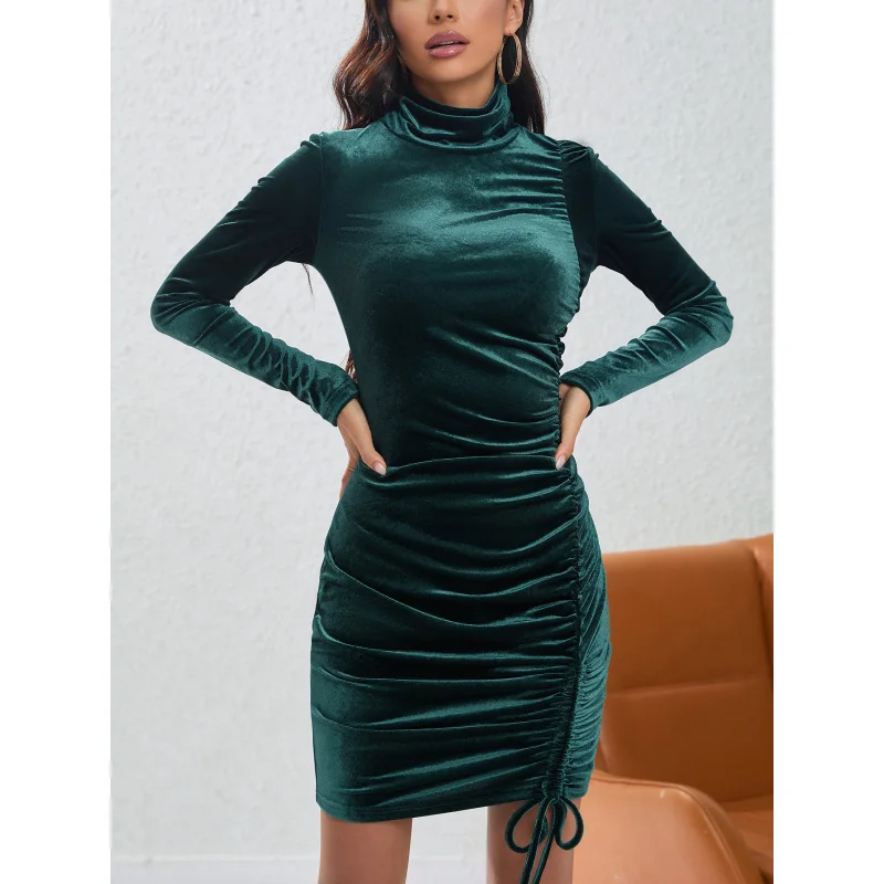 

YQ1-Women's Autumn Winter Sexy Tight Bodycon Short Dress Party High Neck Velvet Dress