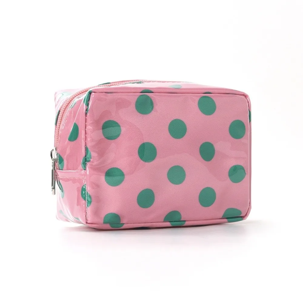 New Waterproof Cosmetic Bag with Zipper Square Shape Toiletry Bag Polka Dot Pattern Glossy Surface Mini Clutch Travel Use