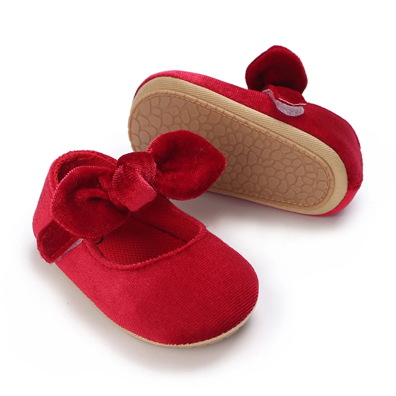 Red Newborn Baby Shoes Baby Girl Shoes Cute Classic Bowknot Rubber Sole Anti-slip PU Dress Shoes First Walker Toddler Crib Shoes