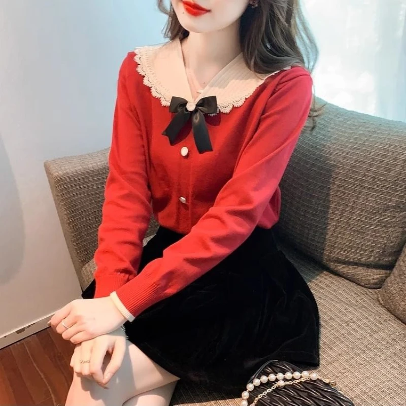 Korean Fashion Autumn Winter New Sweaters Women's Peter Pan Collar Bow Ruffles Button Sweet Long Sleeve Pullovers Knitted Tops