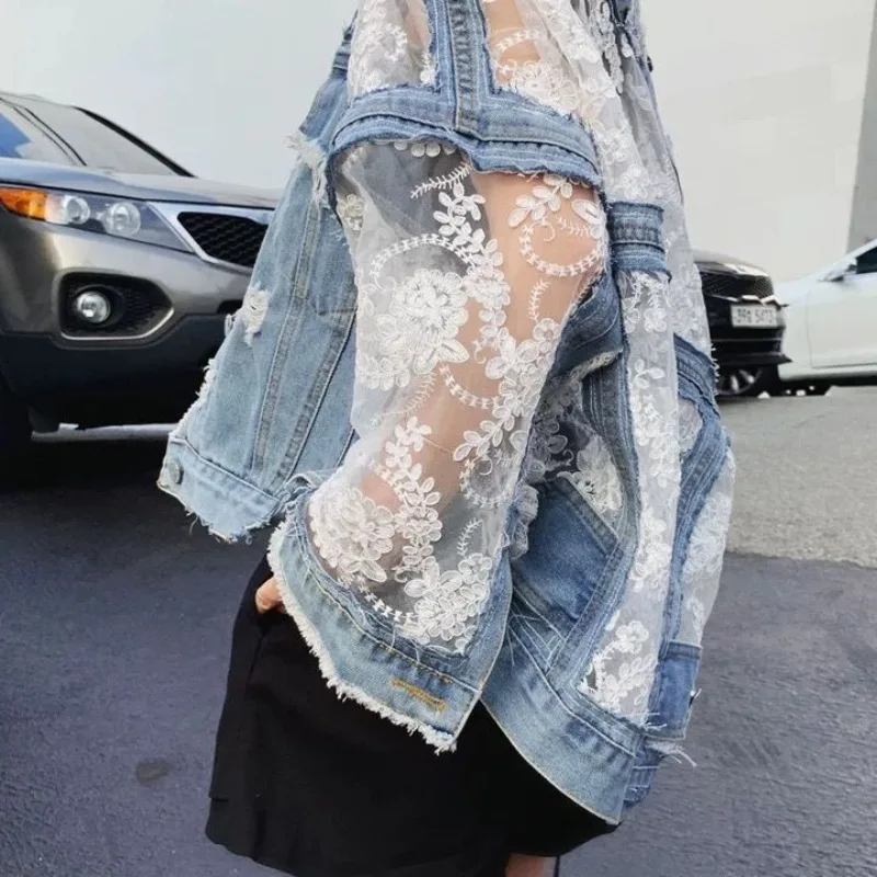 

Short Lace Sunscreen Clothing Double-layer Lace Mesh See-through Embroidered Mesh Embroidery Holes Are Very Fairy Denim Jacket