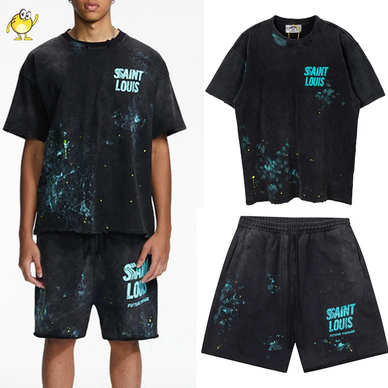 Oversize Top Tees Summer Washed Saint Louis T-shirts Men Woman 1:1 Good Quality Retro High Street Damaged Short Sleeve