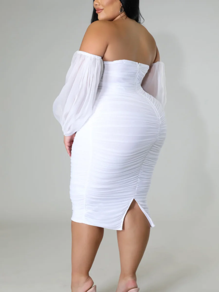 LW Off The Shoulder Ruched Bodycon Dress Hubble Bubble Sleeve Elegant Plain White Dresses Autumn Strapless Mesh Patchwork Dress