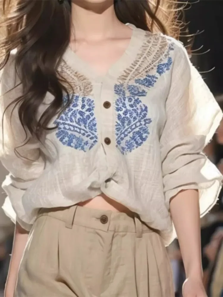 

Women'S Summer 2024 New High End Unique Temperament Loose Top Apricot Printed Sunscreen Thin Shirt