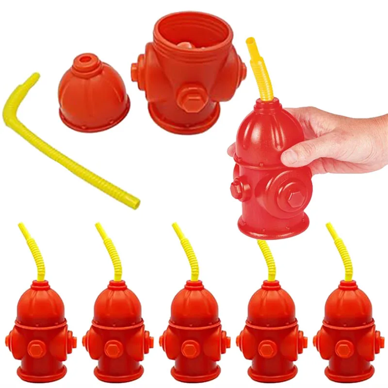 3pcs Fire Hydrant Straw Cups With Lids Firefighter Birthday Party Favors Firetruck Fireman Party Decorations