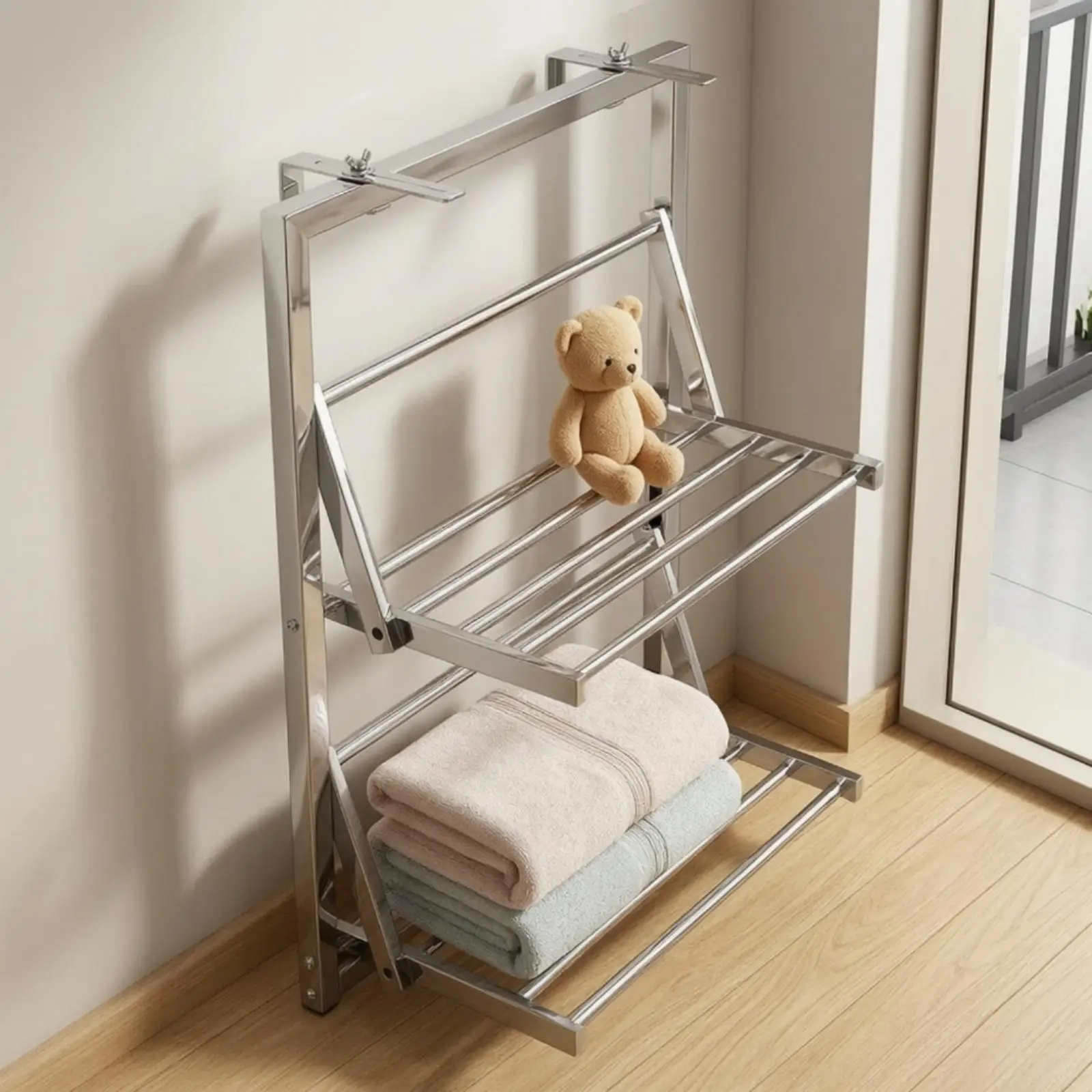 Two Tier Foldable Clothes Drying Rack Stainless Steel Retractable Wall Hanging Airer for Indoor Outdoor Balcony Use