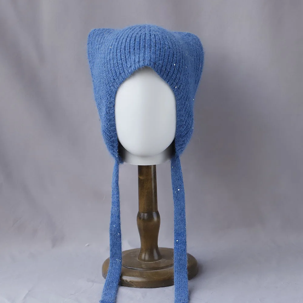 Shine Outdoor-Mütze mit tiefem Krempe und Katzenohren, sowjetische Mütze, Damen-Wintermütze, Rattanmütze, Pelzmütze, süße Mütze, Strickmütze aus Fleece. – Detail 3
