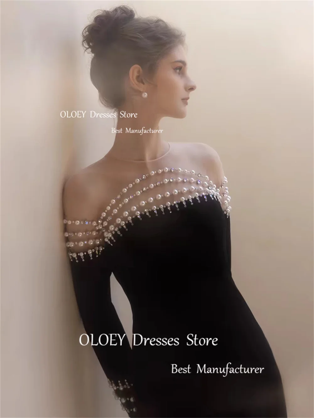 OLOEY France Elegant Black Evening Dresses O-Neck Ankle-Length Wedding Party Dresses Beading Pearls Satin High Slit Prom Gowns