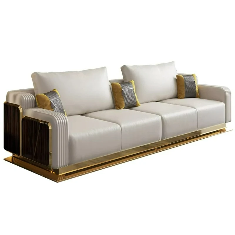

Customized stainless steel leg sofa villa sofa set furniture living room modern luxury gray home furniture pure leather sofa set