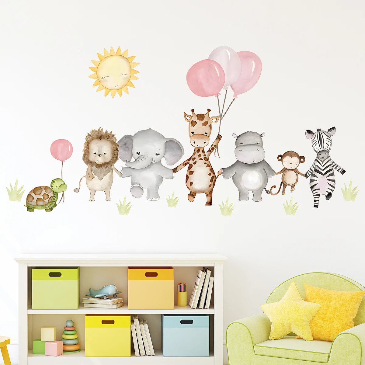 Cartoon Balloon Lion Elephant Giraffe Wall Stickers for Kids Room Wallpaper for Children Bedroom Living Room Nursery Decoration