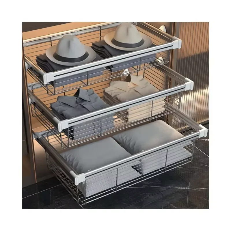 Stainless Steel Wire Mesh Laundry Basket Sliding Pull-out Storage for Bedroom Wardrobe Clothing Organization Durable Metal