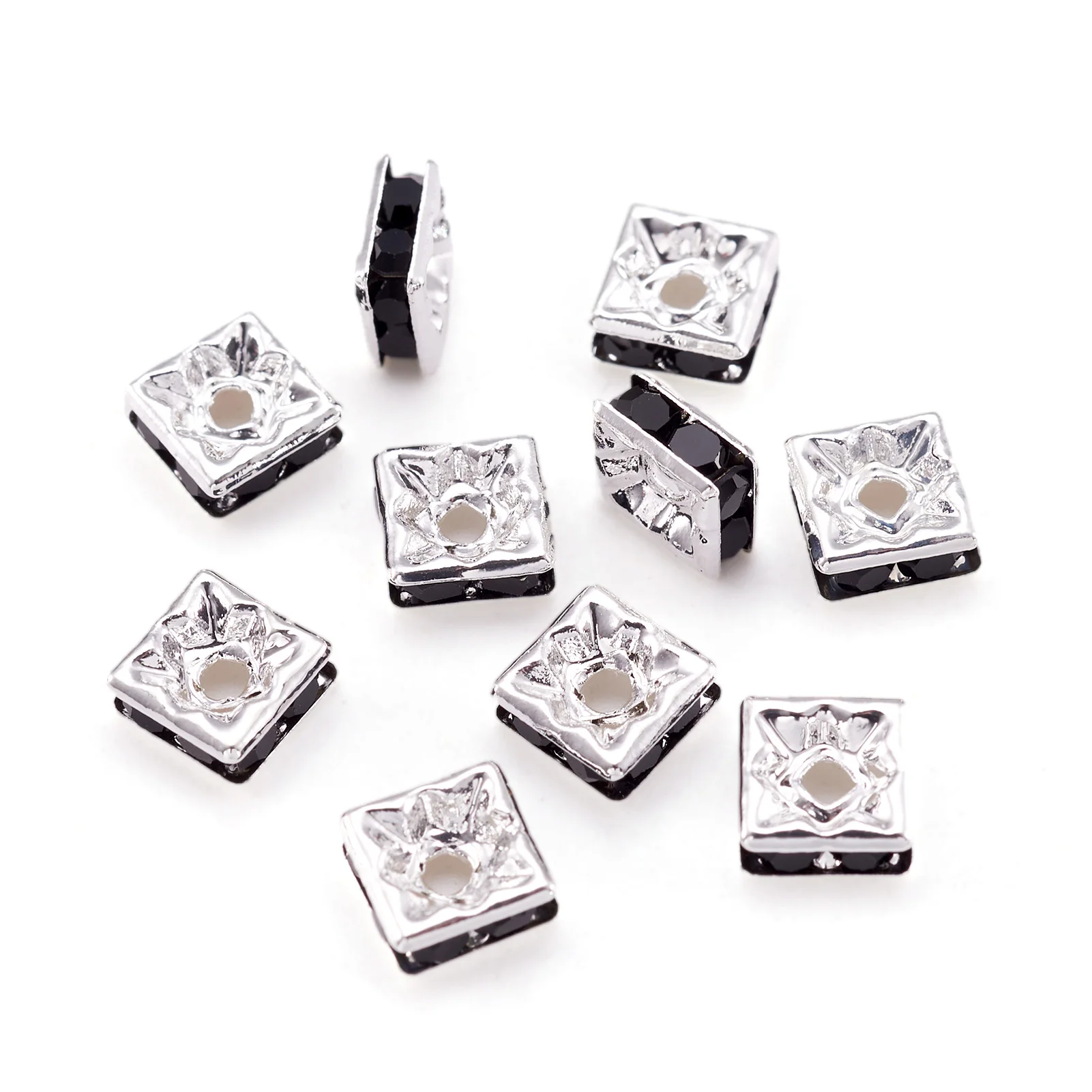 20pc Metal Rhinestone Spacer Beads Square Nickel Free Cyan Silver Color Plated for Making DIY Jewelry Bracelet Necklace Crafts