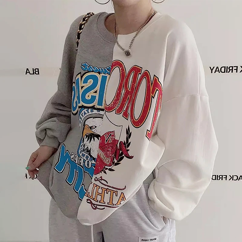 سويت شيرت كلاسيكي أنيق برقبة دائرية وأكمام طويلة مطبوع عليه حروف فضفاضة للنساء على الطراز الكوري، بلوزة مريحة للخريف