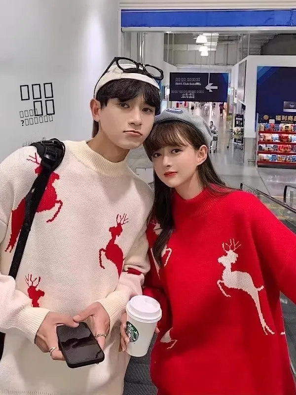 

Loose Cisas Deer Pattern Knitted Sweater Couple Clothes New Year Lazy Sle Men Women Faionable Long Sve Top