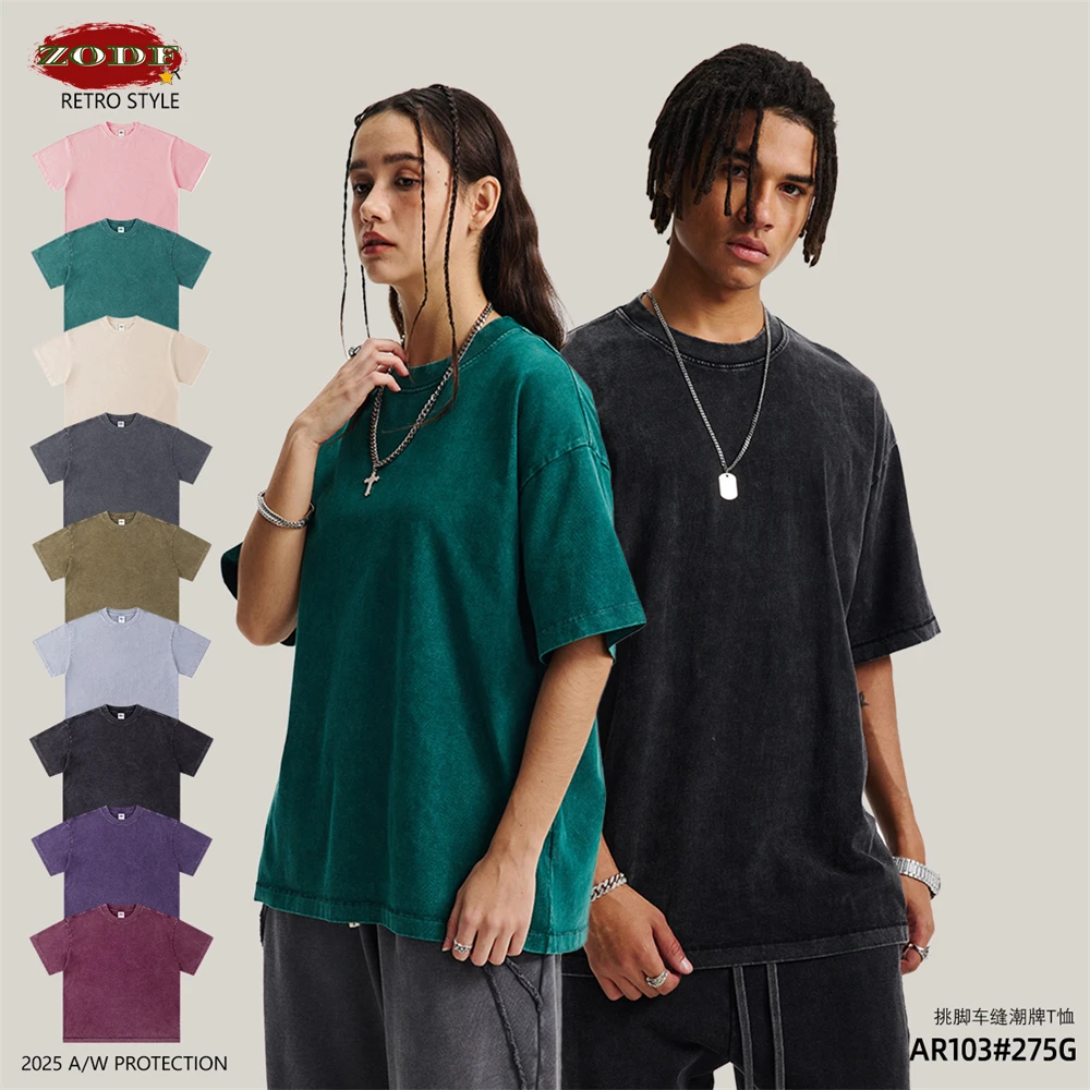 ZODF Vintage Man Washed 275gsm Cotton T-Shirts Unisex Retro Fire Snowflakes Distressed Loose Fit T Shirt Brand Tees HY1088