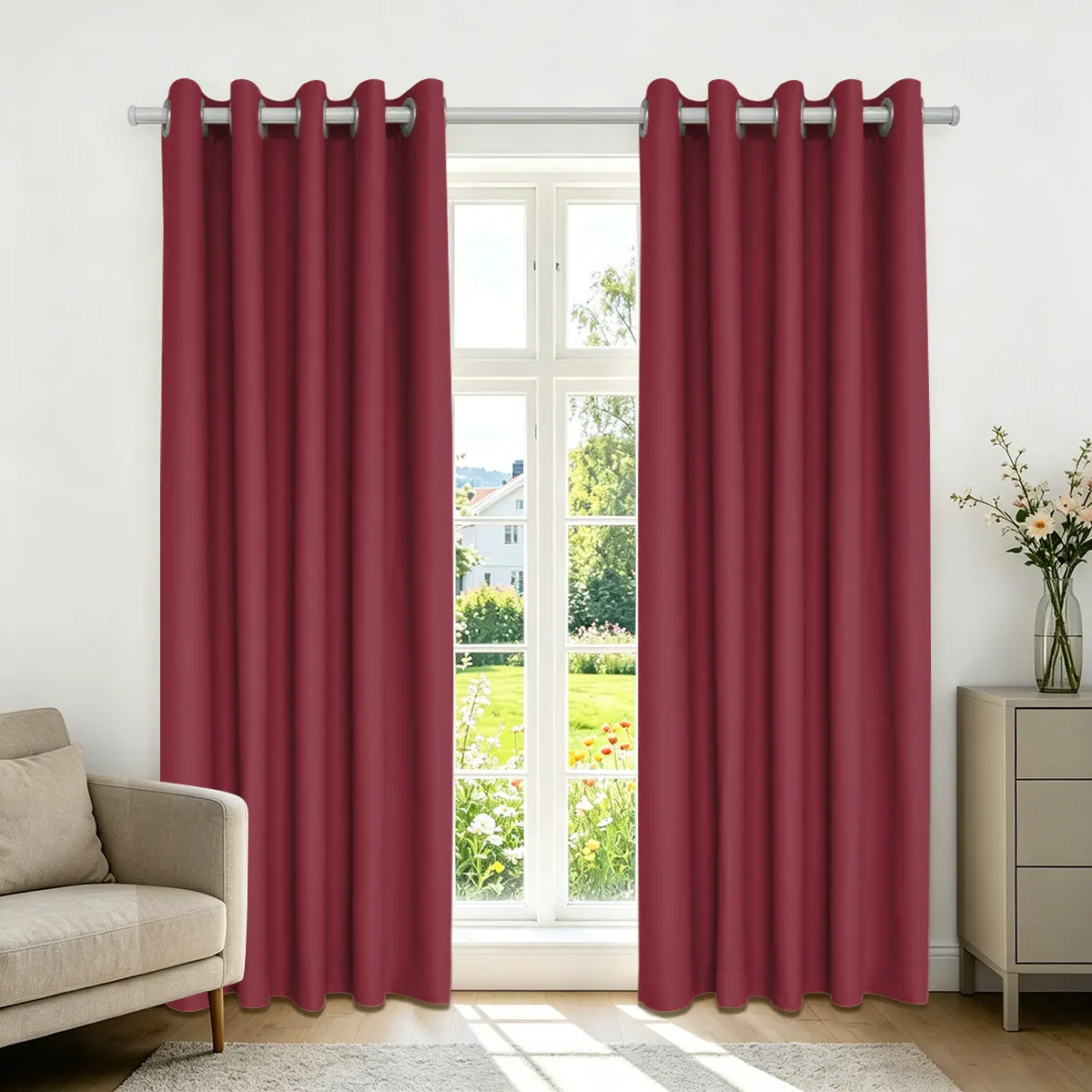 Wine Red High‑Density Blackout Curtains, Grommet Top Light Blocking Window Drapes for Bedroom Living Room, 2 Panels