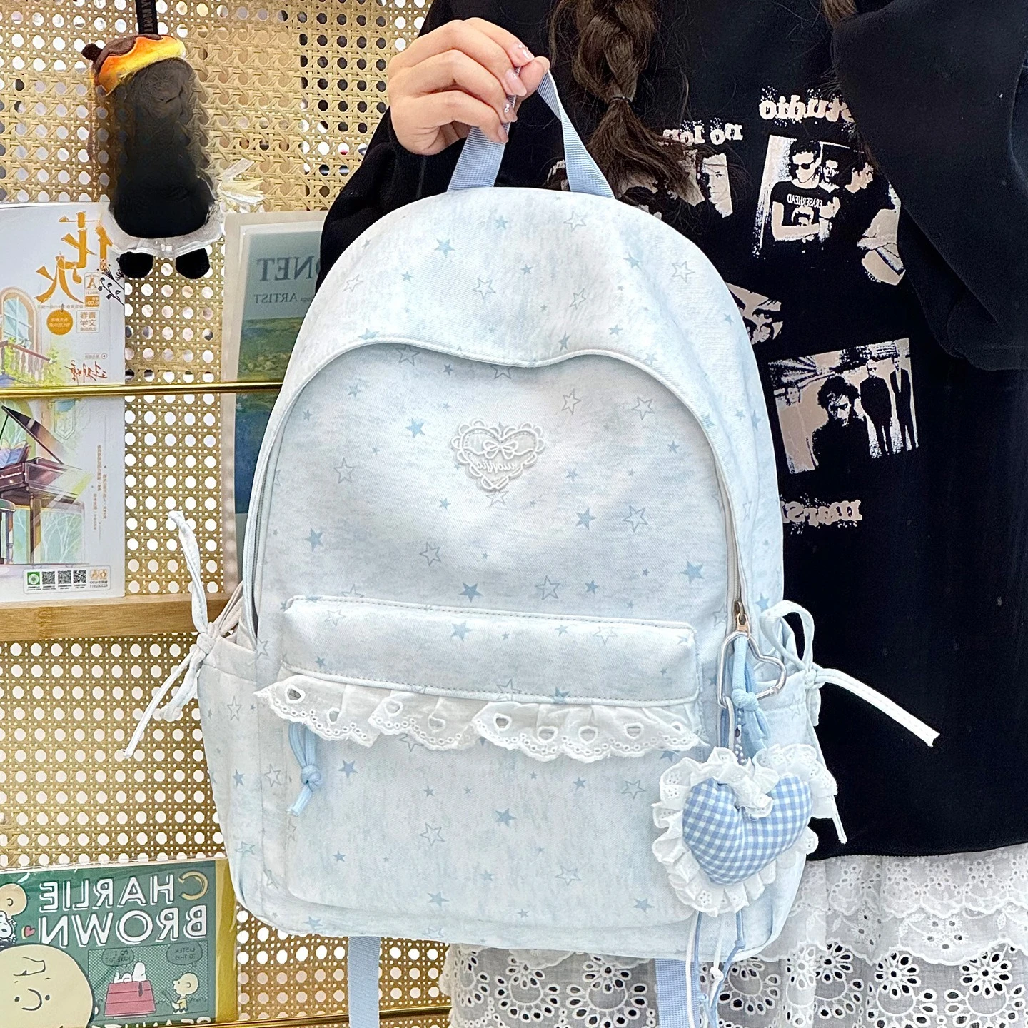 Compact nylon fabric five-pointed star backpack for girls, cute pendant for school bag, quirky travel backpack