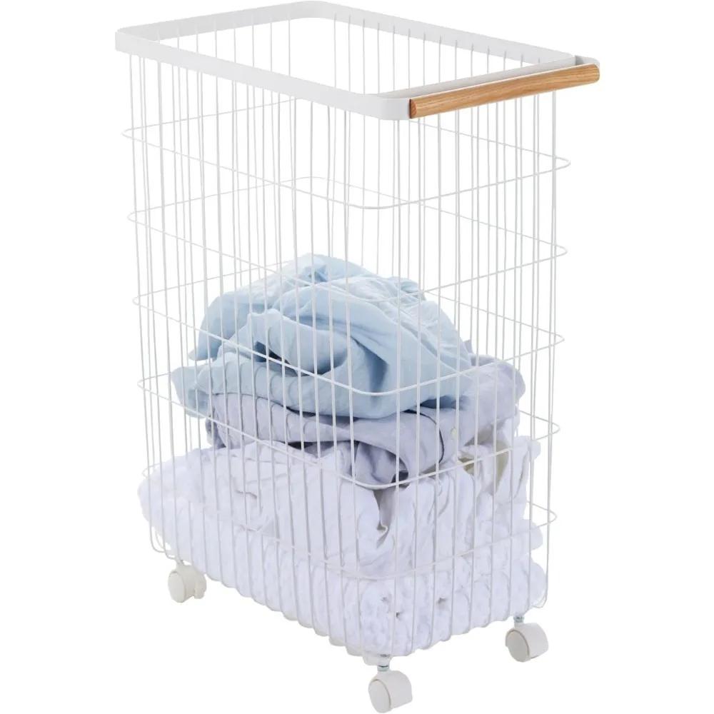 

Home Wire Slim Saving Rolling Wheeled Clothing Hamper | Steel + Wood | Laundry Basket, One Size, White