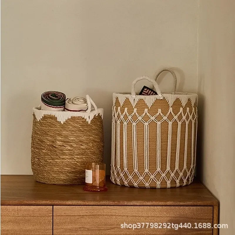 Large Capacity Handmade Imitation Rattan Laundry Basket Woven Cotton Rope Dirty Clothes Storage Bin for Bedroom Home