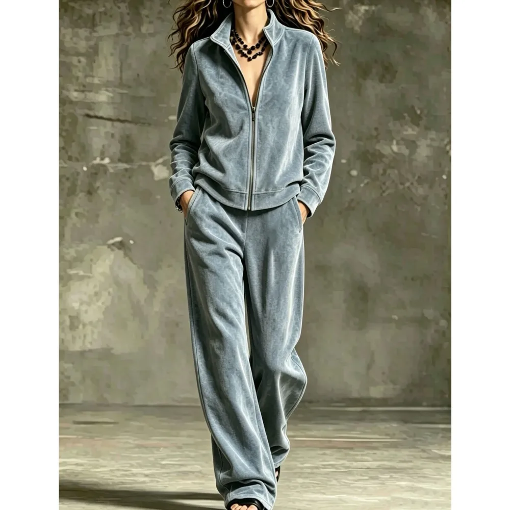Damen Sportanzug aus Kunstwildleder, 2-teiliges Set, Herbst/Winter, Stehkragen, Reißverschluss, Langarm-Oberteil, Hose mit hoher Taille und weitem Bein, Freizeitanzug