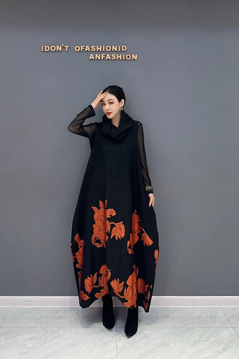 2024 Autumn Winter New Printed Elegant Loose Long Dress Women Fashion Sleeveless Dress Wholesale J543