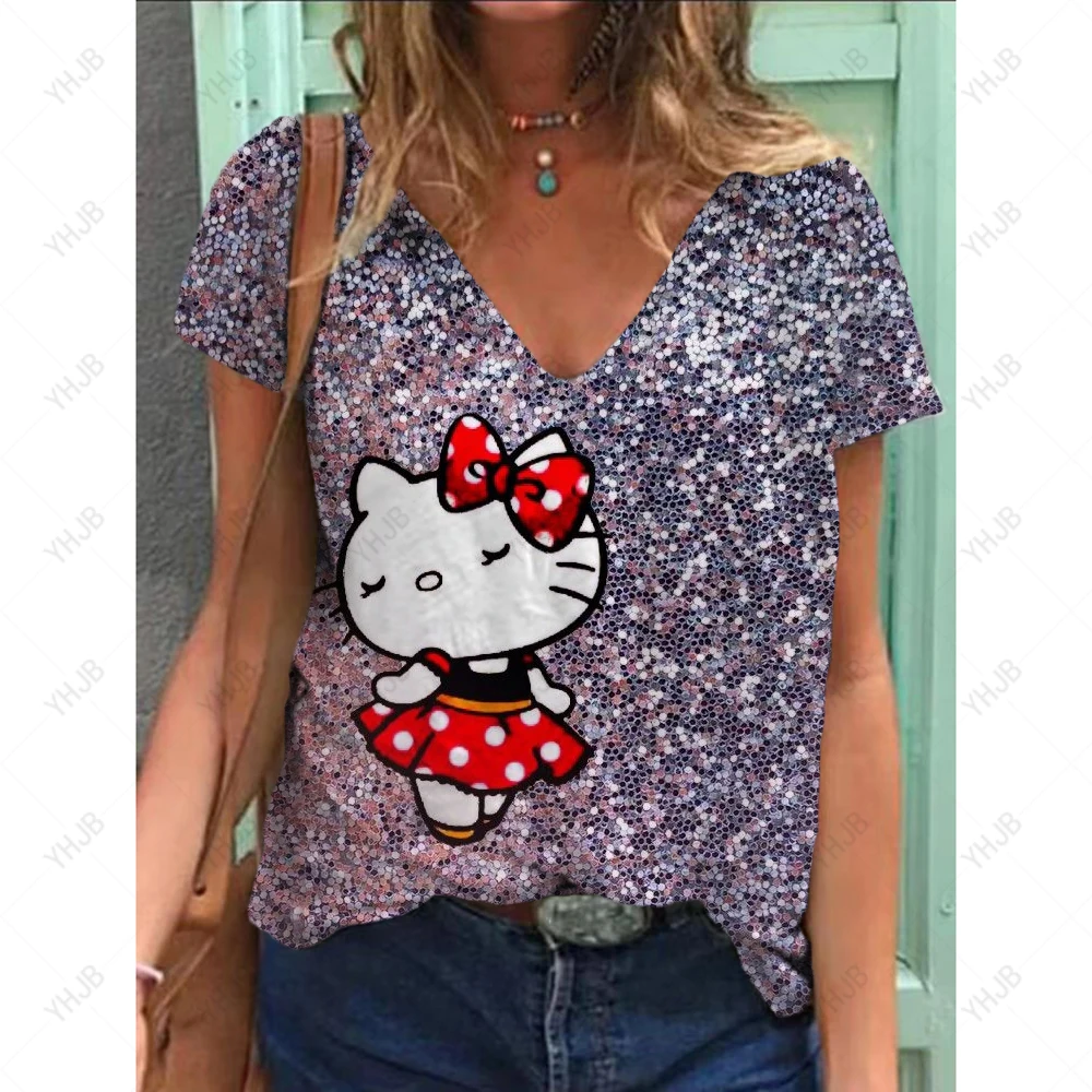الصيف النساء تي شيرت ثلاثية الأبعاد موضة سانريو مرحبا كيتي الطباعة Harajuku تي شيرت الفتيات تي شيرت الملابس الجديدة قصيرة الأكمام الخامس الرقبة