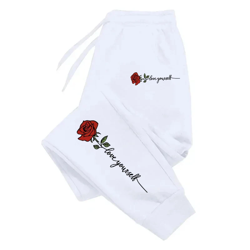 Pink Love Rose Printed Women\'s All-match Casual Pants Drawstring Pocket Comfortable Sportswear Pants