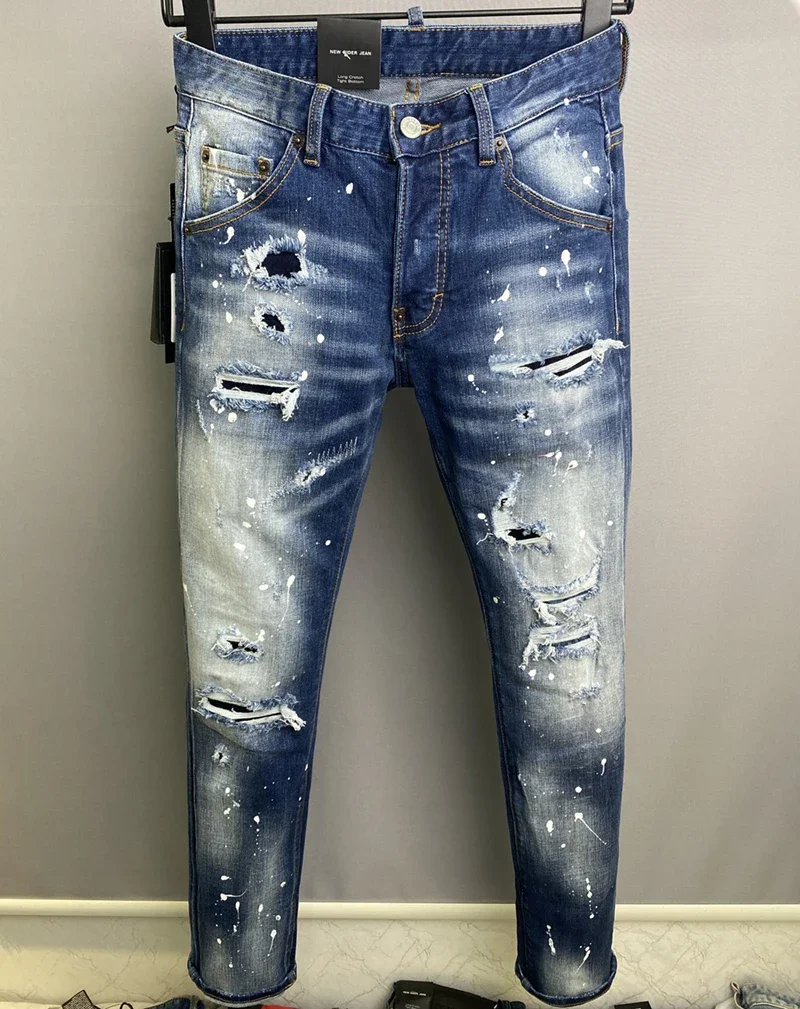 new BRAND D2 Men Jeans Denim Pants Hole Slim Pencil Trousers Metal Buttons Fashionable blue D2 cool guy JENAS for men 9825